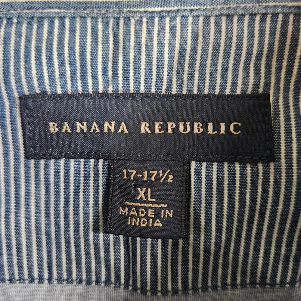 Banana Republic Shirt Men XL 17-17.5 Flip Cuff Button Up Blue‎ White Striped
